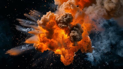 Fiery explosions with smoke and debris isolated on black background, action movie special effects