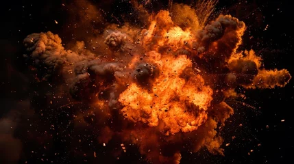 Foto auf Alu-Dibond Fiery explosions with smoke and debris isolated on black background, action movie special effects © Jelena