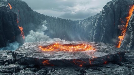 Fiery Lava Podium in Volcanic Landscape, Dramatic Product Display, 3D Illustration - obrazy, fototapety, plakaty