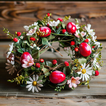 Easter decoration on a table with flowers and red egg