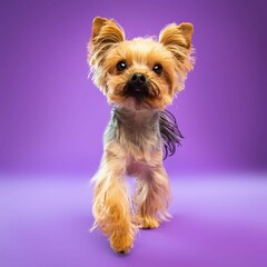 Beautiful yorkie dog isolated on Purple background. looking at camera .front view.dog studio portrait.
happy dog .dog isolated .puppy isolated .puppy closeup face,indoors.cute puppy isolated .
