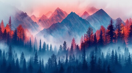pink sunrise in mountains with forest, trees and blue fog.  - obrazy, fototapety, plakaty