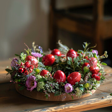 Easter decoration on a table with flowers and red egg