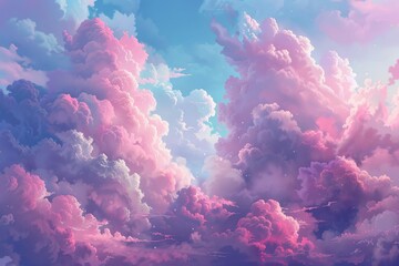 Surreal Pink Fluffy Clouds in Cotton Candy Sky, Dreamy Fantasy Soft Background - Digital Illustration - obrazy, fototapety, plakaty