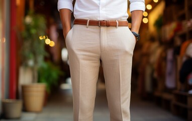 A man in a crisp white shirt and tan pants stands confidently against a neutral backdrop