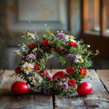 Easter decoration on a table with flowers and red egg