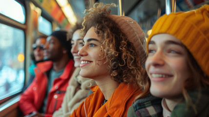 Young people smiling on a bus/train.