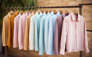 A mesmerizing scene of a row of vibrant shirts elegantly hanging on a rail