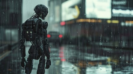 A robot walking alone in rainy weather - obrazy, fototapety, plakaty