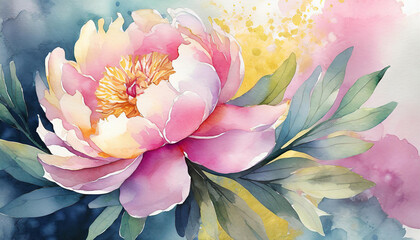 Watercolor painting of Peony flower. Botanical hand drawn art. Beautiful floral composition.