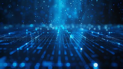 Futuristic blue abstract background with glowing grid lines and floating particles, digital technology concept, 3D rendering