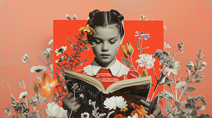A girl surrounded by flowers reads a book. In the style of a retro postcard or poster. Red background.