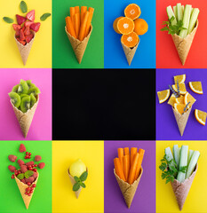 Collage of ice cream cone with berry, fruit and vegetable on the colored background. Copy space.