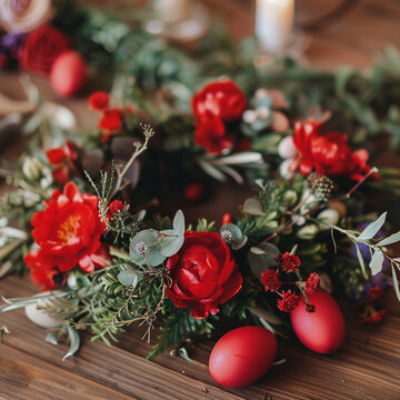 Easter decoration on a table with flowers and red egg