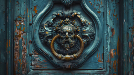 Antique brass door knocker on textured door.