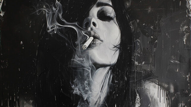 Fototapeta Close-Up of urban woman with Cigarette, Close-Up Portrait of Young Woman, Smoking, abstraction-creation, black and white 
