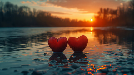 2 love hearts on a lake at sunset