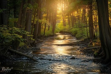 Sunlit forest creek with warm, golden light filtering through trees, landscape photography