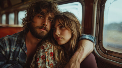 A young couple sitting together in a vintage bus.