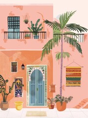A painting featuring a pink house with a vibrant blue door set against a clear sky