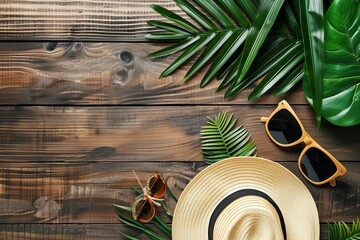 Summer vacation travel concept with straw hat, sunglasses, and tropical elements on wooden background, top view flat lay