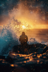 person sitting on a rock with waves splashing on the left.