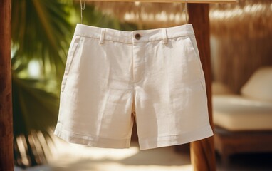 A pair of white shorts gently swaying on a clothesline in the breeze