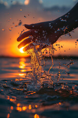 hand splashing in the ocean at sunset.