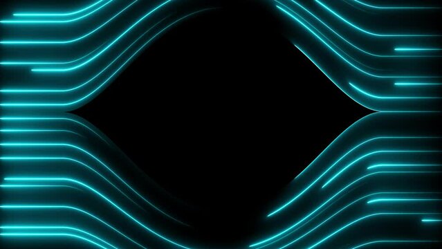 Blue neon lines flow from right to left, bypassing the free space in the center. Abstract animation with free space in the middle. Can be used horizontally and vertically.