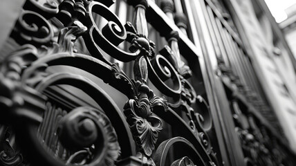 Ornate iron gate in black and white