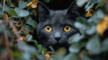 Black cat with orange eyes peering through green leaves.