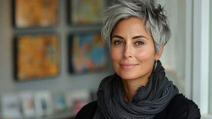 Confident mature woman with stylish gray hair and a warm smile, wearing a scarf, in an artistic interior. - 773402297