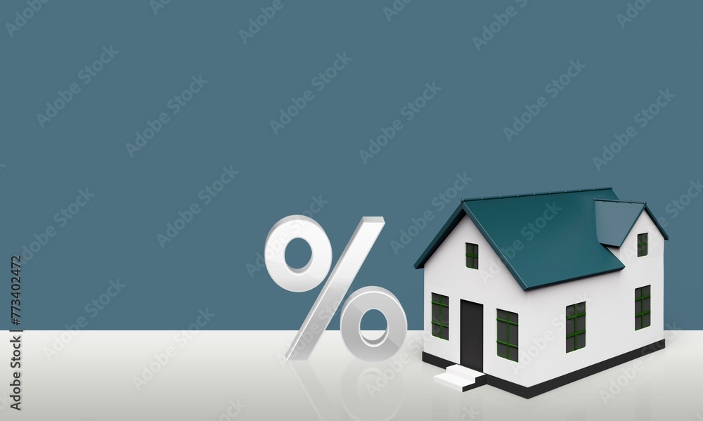 Poster Percentage icon and house model on desk.