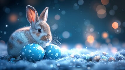 Futuristic technology concept in blue and dark light. Modern illustration of a bunny holding decorated Easter eggs.