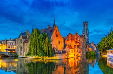 Poster Bruges cityscape, Brugge old town scenic view, Bruges historical city centre, Rosary Quay Rozenhoedkaai embankment, Belfort tower, Dijver water canal, evening view, West Flanders province, Belgium © Aliaksandr