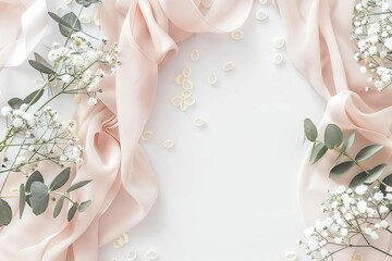 Styled feminine wedding desktop mockup with gypsophila flowers, eucalyptus leaves, satin ribbon on white - obrazy, fototapety, plakaty