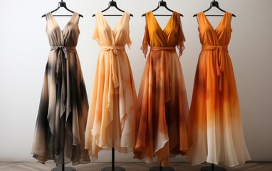 Three dresses hanging on a rack against a white wall