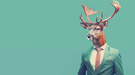 Plexiglas foto achterwand Hipster reindeer businessman in suit, trendy pastel teal background, creative animal concept illustration © Jelena
