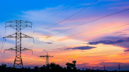 power lines at sunset, reneavles, energy, future - obrazy, fototapety, plakaty