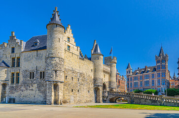 Fototapeta na wymiar Het Steen medieval fortress, stone castle with towers in Antwerp city historical centre, Antwerpen old town, Flemish Region, Belgium