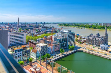 Foto op Canvas Antwerp cityscape, aerial panoramic view of Antwerpen city historical centre, Loodswezen Pilotage Building and Bonaparte Dock, skyline horizon panorama with Scheldt river, Flemish Region, Belgium © Aliaksandr