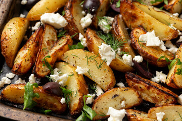 Greek fried potatoes with feta cheese, kalamata olives, parsley and dill