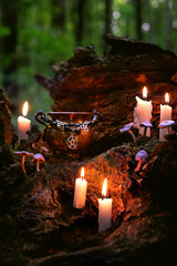 witch cauldron with amulet and burning candles in forest, abstract dark natural background. magic...