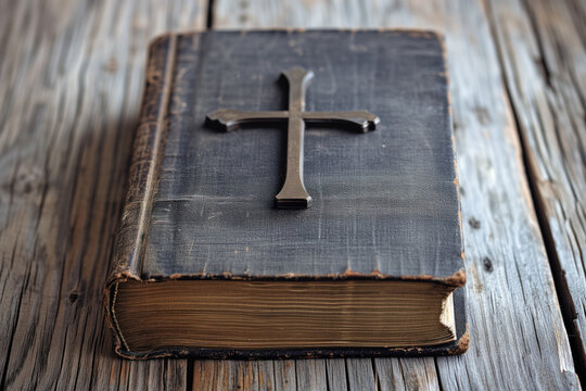 Holy Bible on a wooden table with dark cover a cross on it AI Generative