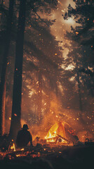 Camping Tent Surrounded by Intense Forest Sparks at Nigh