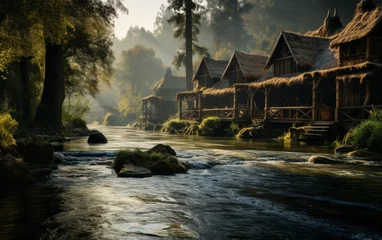  A tranquil river flows gently through a vibrant green forest, surrounded by lush foliage and towering trees © zainab