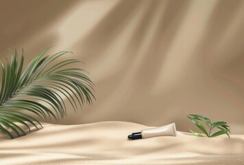 Cosmetic tube in sand with palm fronds. A mockup of an elegant, glossy tube lying on smooth sand with tropical leaves next to it. 