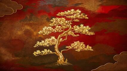 A painting featuring a gold tree standing out against a bright red background