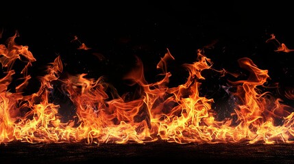 Intense fire flames isolated on black background, dynamic cutout element