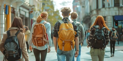A group of young people with backpacks walking down a street seen from behind. Concept Group of Friends, Backpacking Adventure, Traveling Together, Urban Exploration, Young Explorers - obrazy, fototapety, plakaty